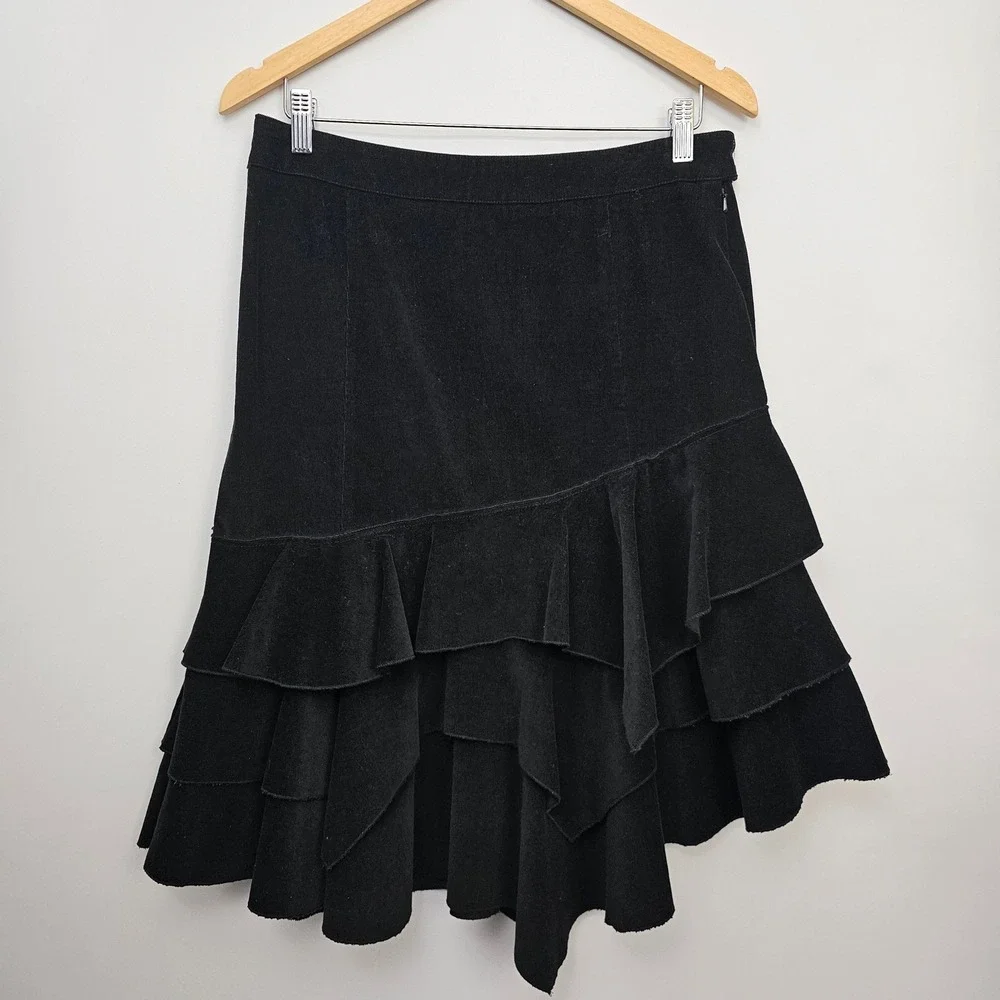 Y2K Corduroy Skirt 8 Black Tiered Ruffle Renaissance Western Dark Fairy Boho Vtg